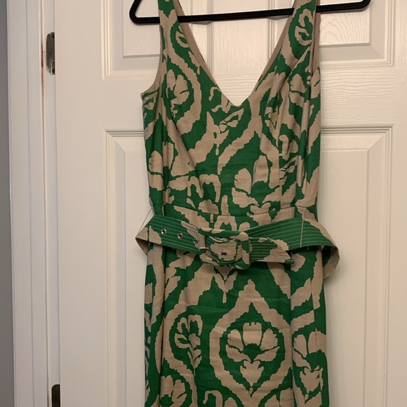 Green and Tan Linen Blend Belted Midi Dress - Picture 8 of 12